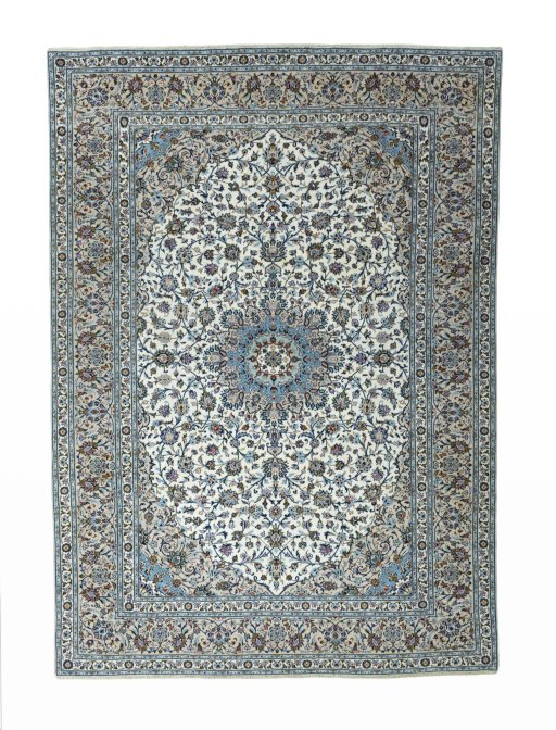Full view of 2000s Kashan rug from Iran / Persia, 412 × 294 cm in Beige tones