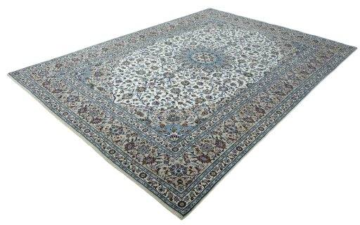 Corner detail of 2000s Kashan rug showing border pattern and Wool pile