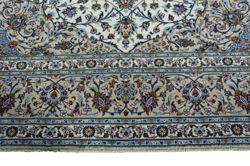Full view of 2000s Kashan rug from Iran / Persia, 412 × 294 cm in Beige tones