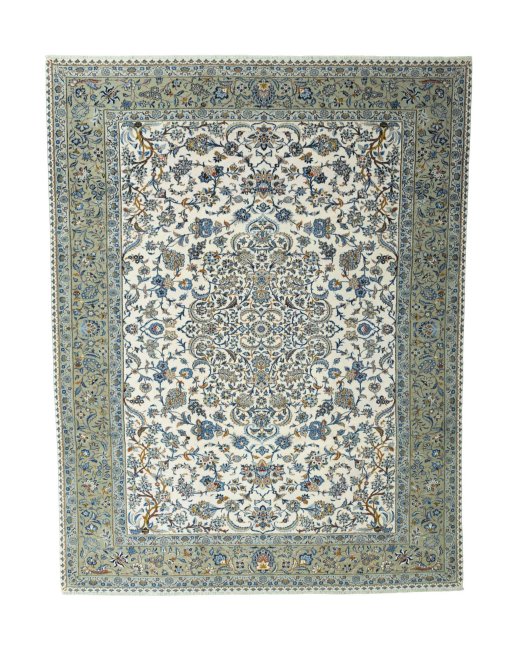 Full view of 2000s Kashan rug from Iran / Persia, 381 × 295 cm in Beige tones