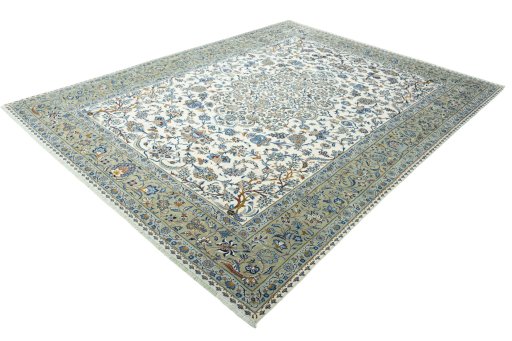 Corner detail of 2000s Kashan rug showing border pattern and Wool pile