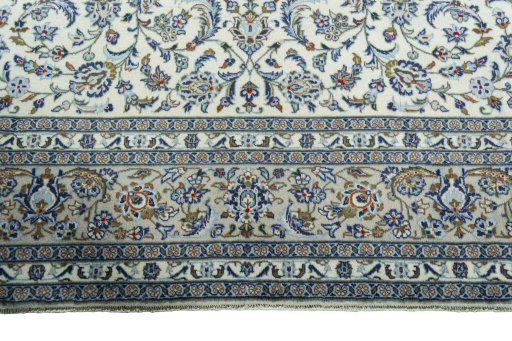 Full view of 2000s Kashan rug from Iran / Persia, 360 × 247 cm in Beige tones