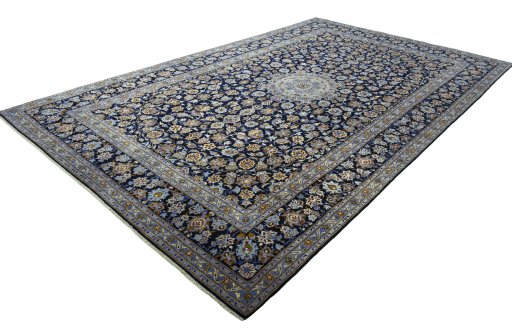 Corner detail of 2000s Kashan rug showing border pattern and Wool pile