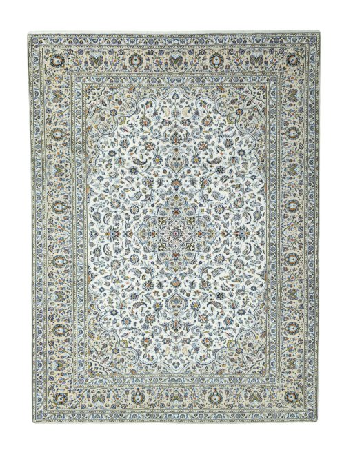 Full view of 2000s Kashan rug from Iran / Persia, 404 × 300 cm in Beige tones