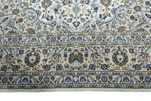 Full view of 2000s Kashan rug from Iran / Persia, 404 × 300 cm in Beige tones
