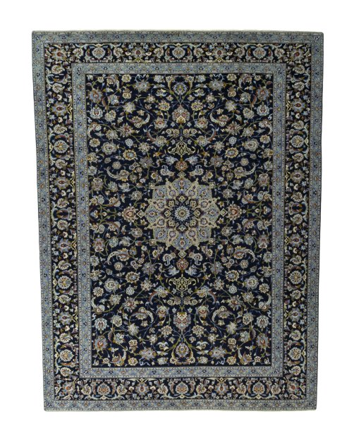 Full view of 1970s Kashan rug from Iran / Persia, 410 × 307 cm in Blue tones