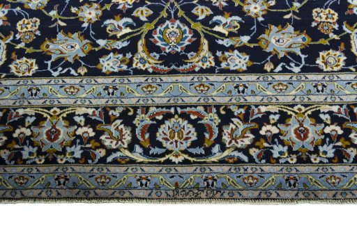 Full view of 1970s Kashan rug from Iran / Persia, 410 × 307 cm in Blue tones