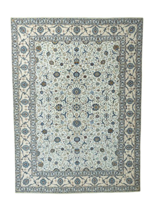 Full view of 2000s Kashan rug from Iran / Persia, 425 × 315 cm in Beige tones