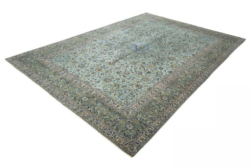 Corner detail of 2000s Kashan rug showing border pattern and Wool pile