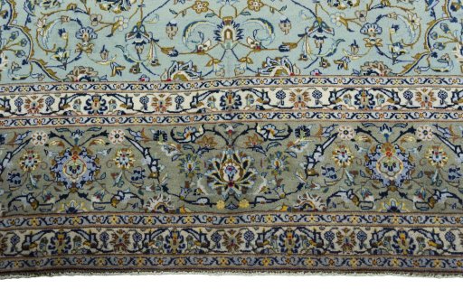 Full view of 2000s Kashan rug from Iran / Persia, 436 × 298 cm in Green tones
