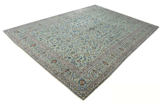 Corner detail of 1970s Kashan rug showing border pattern and Wool pile