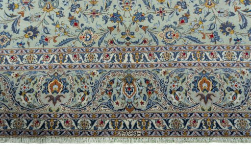 Full view of 1970s Kashan rug from Iran / Persia, 403 × 285 cm in Green tones