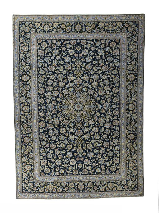 Full view of New Kashan rug from Iran / Persia, 415 × 290 cm in Blue tones