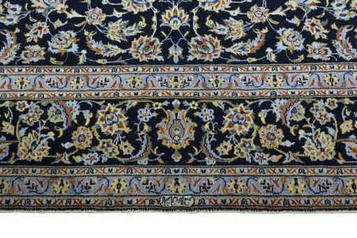 Full view of New Kashan rug from Iran / Persia, 415 × 290 cm in Blue tones