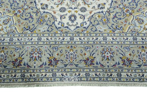 Full view of 2000s Kashan rug from Iran / Persia, 343 × 243 cm in Beige tones