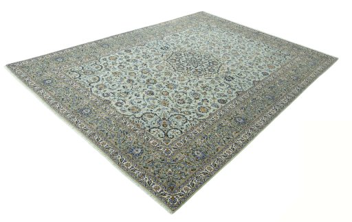 Corner detail of 2000s Kashan rug showing border pattern and Wool pile