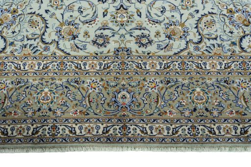 Full view of 2000s Kashan rug from Iran / Persia, 399 × 285 cm in Blue tones