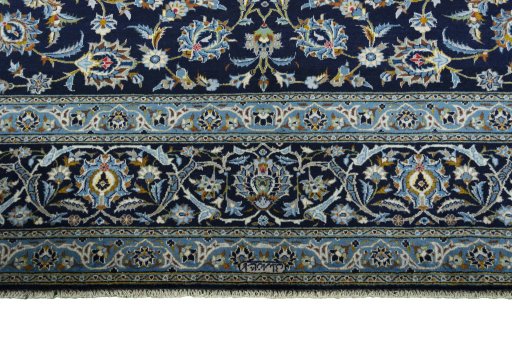 Full view of 2000s Kashan rug from Iran / Persia, 413 × 310 cm in Blue tones