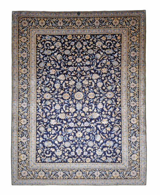 Full view of 2000s Kashan rug from Iran / Persia, 377 × 269 cm in Blue tones