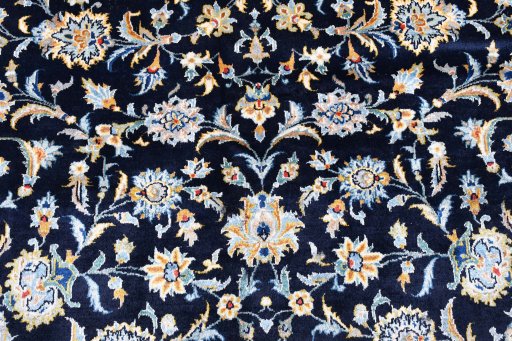 Full view of 2000s Kashan rug from Iran / Persia, 377 × 269 cm in Blue tones