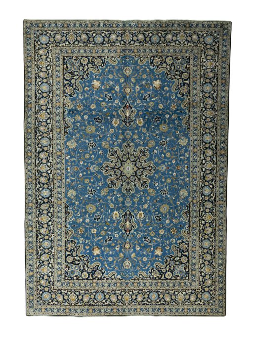 Full view of 2000s Kashan rug from Iran / Persia, 390 × 270 cm in Blue tones