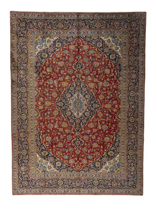 Full view of 2000s Kashan rug from Iran / Persia, 407 × 300 cm in Red tones
