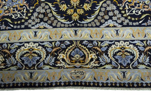 Full view of 2000s Kashan rug from Iran / Persia, 397 × 303 cm in Blue tones