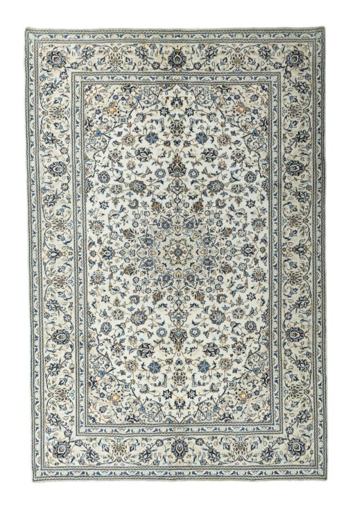 Full view of 2000s Kashan rug from Iran / Persia, 303 × 201 cm in Beige tones