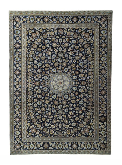 Full view of 2000s Kashan rug from Iran / Persia, 429 × 308 cm in Blue tones