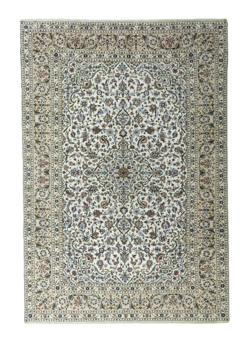 Full view of 2000s Kashan rug from Iran / Persia, 361 × 248 cm in Beige tones
