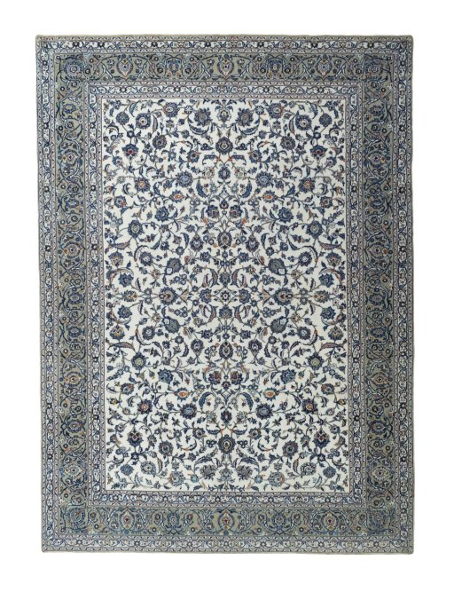 Full view of 2000s Kashan rug from Iran / Persia, 421 × 306 cm in Beige tones