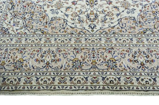 Full view of 2000s Kashan rug from Iran / Persia, 375 × 252 cm in Beige tones