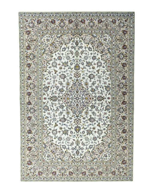 Full view of 2000s Kashan rug from Iran / Persia, 297 × 200 cm in Beige tones