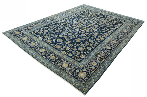 Corner detail of 2000s Kashan rug showing border pattern and Wool pile