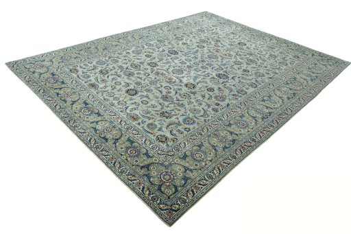 Corner detail of 2000s Kashan rug showing border pattern and Wool pile