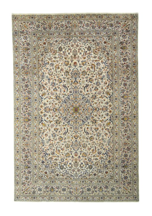 Full view of 2000s Kashan rug from Iran / Persia, 367 × 245 cm in Beige tones