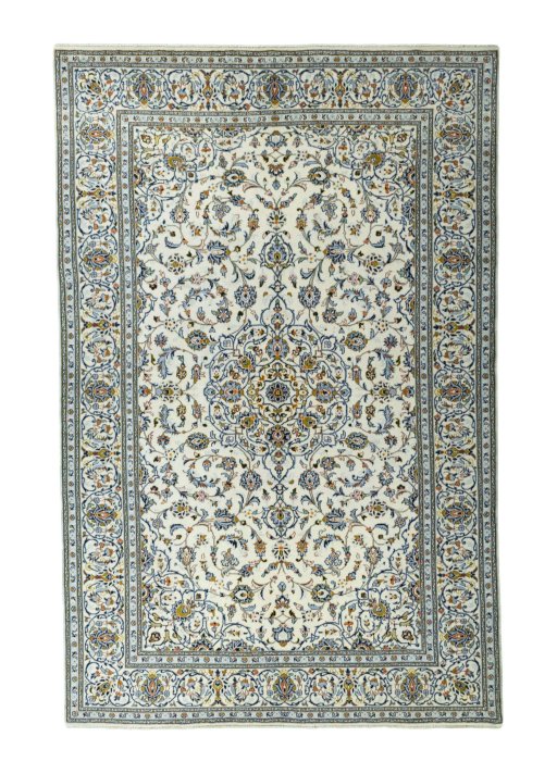 Full view of New Kashan rug from Iran / Persia, 312 × 201 cm in Beige tones