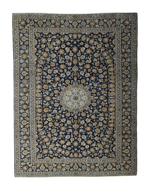 Full view of 2000s Kashan rug from Iran / Persia, 395 × 303 cm in Blue tones