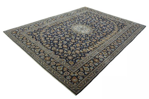 Corner detail of 2000s Kashan rug showing border pattern and Wool pile