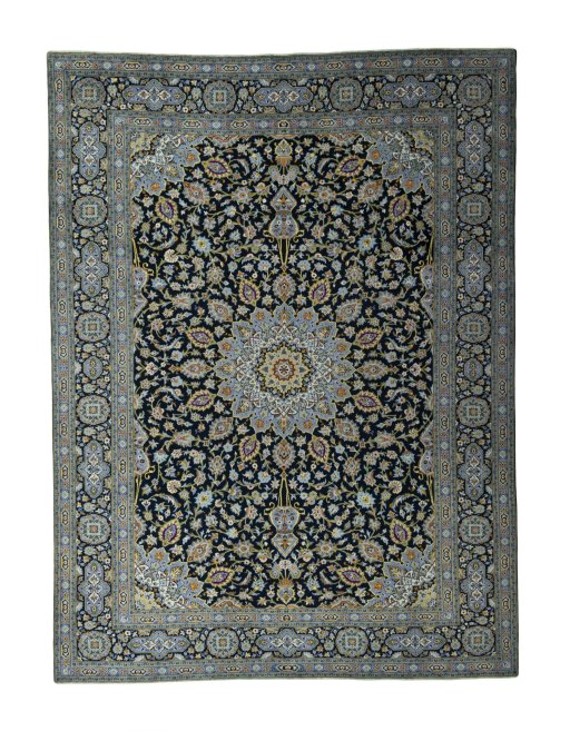 Full view of 2000s Kashan rug from Iran / Persia, 414 × 310 cm in Blue tones