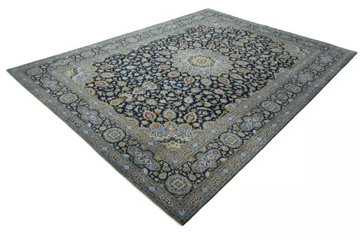 Corner detail of 2000s Kashan rug showing border pattern and Wool pile