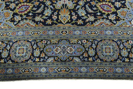 Full view of 2000s Kashan rug from Iran / Persia, 414 × 310 cm in Blue tones