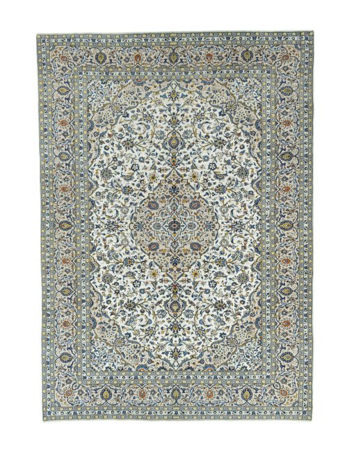Full view of 2000s Kashan rug from Iran / Persia, 413 × 292 cm in Beige tones