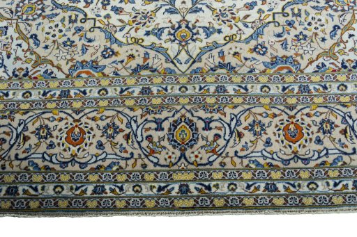 Full view of 2000s Kashan rug from Iran / Persia, 413 × 292 cm in Beige tones