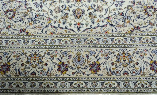 Full view of 2000s Kashan rug from Iran / Persia, 400 × 292 cm in Beige tones