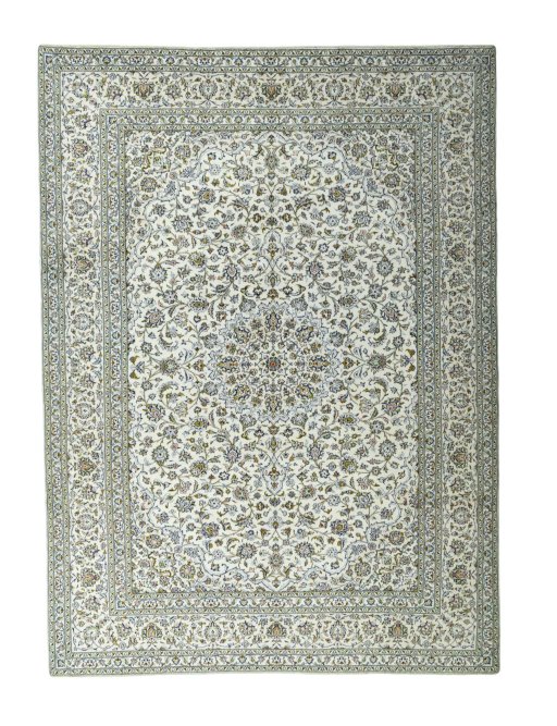 Full view of 2000s Kashan rug from Iran / Persia, 402 × 295 cm in Beige tones