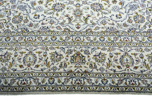 Full view of 2000s Kashan rug from Iran / Persia, 402 × 295 cm in Beige tones