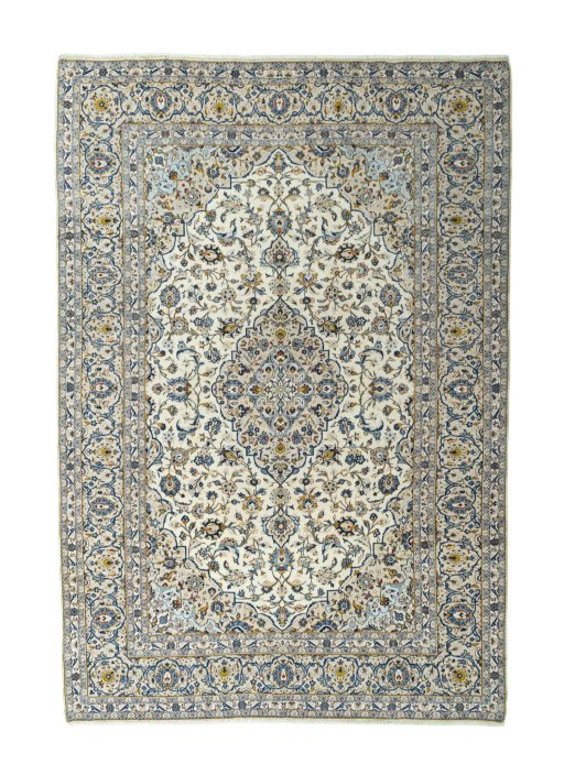 Full view of 2000s Kashan rug from Iran / Persia, 360 × 247 cm in Beige tones
