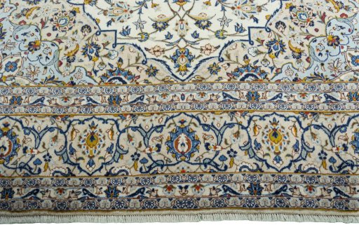 Full view of 2000s Kashan rug from Iran / Persia, 360 × 247 cm in Beige tones
