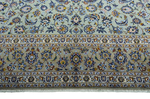 Full view of 2000s Kashan rug from Iran / Persia, 421 × 306 cm in Green tones